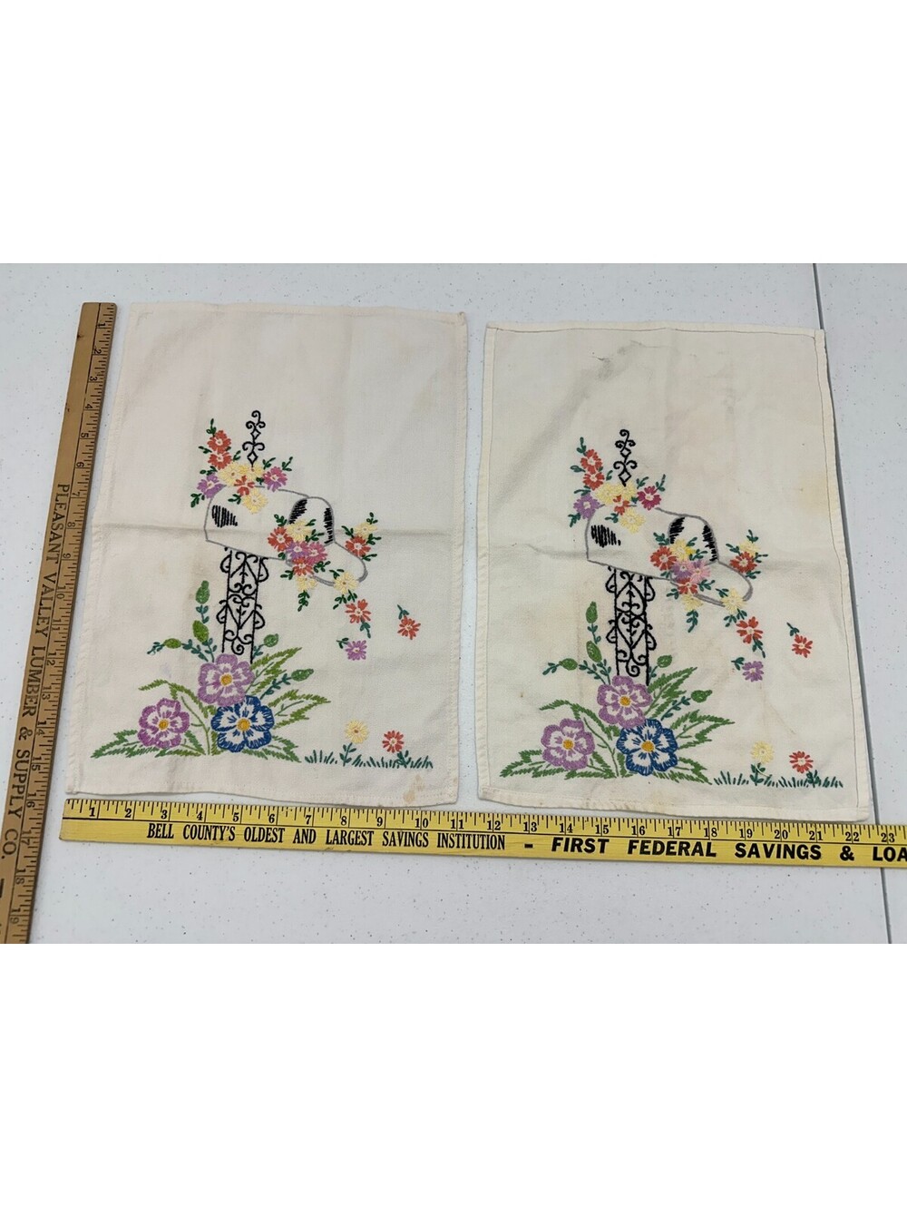 Vintage Linen Embroidered Floral Mail Box Towels Hand Blue Purple